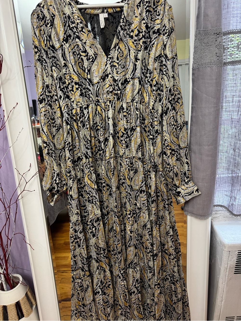 Elan Black, Gold and Cream Paisley Tiered Maxi Dress